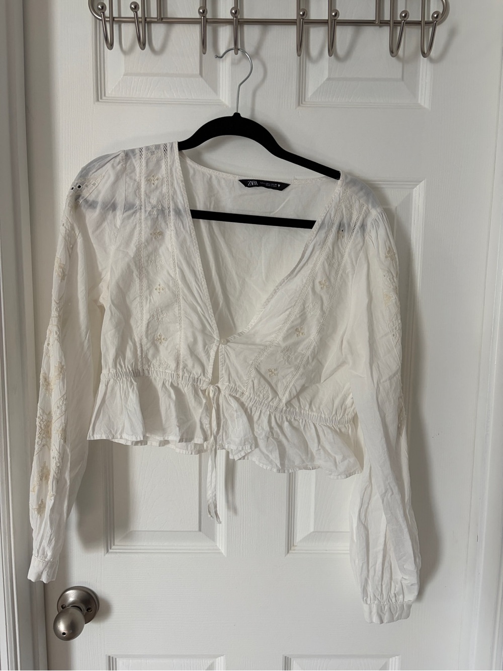 Zara Cream Embroidered V-Neck Tie-Waist Blouse